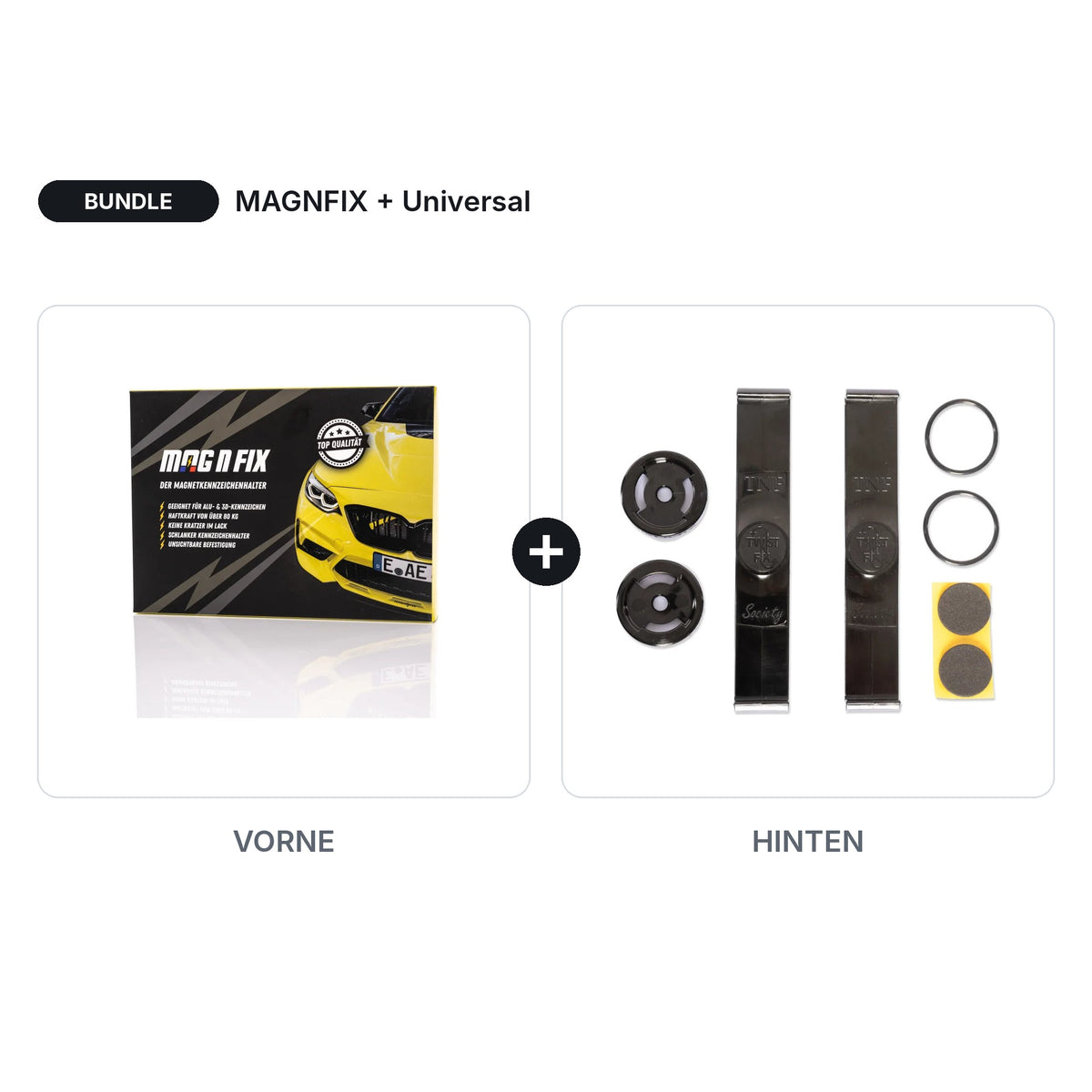 BUNDLE Kennzeichenhalter Twistnfix Vorne + Hinten für alle Fahrzeuge – MAGNFIX Magnet Front + Universal Heck